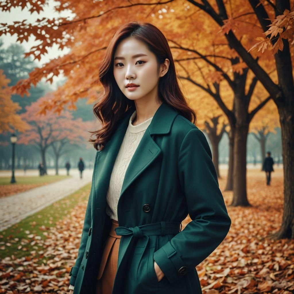Stylish Korean Model in Autumn Park Photo