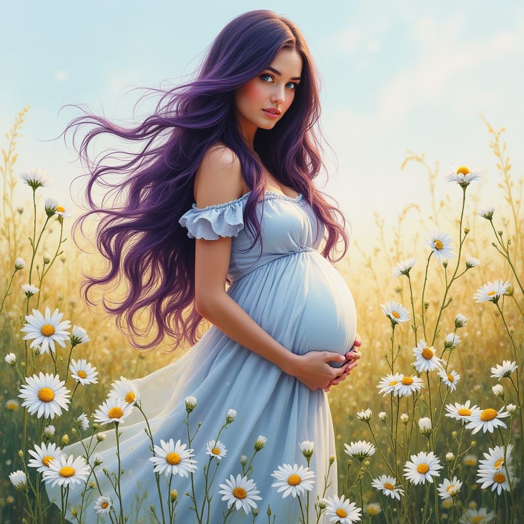 Pregnant Woman in Daisy Field, Gouache & Watercolor Style