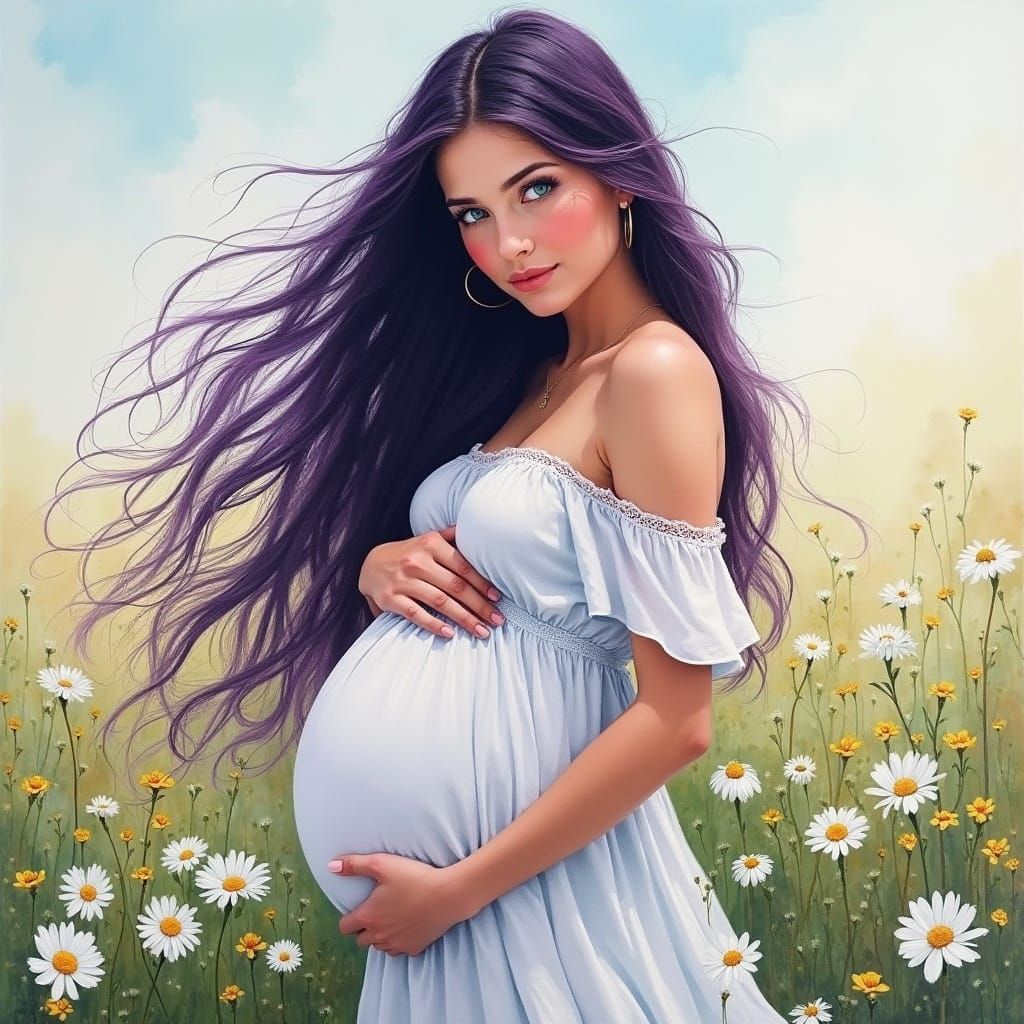 Pregnant Woman in Daisy Field, Gouache and Watercolor Style