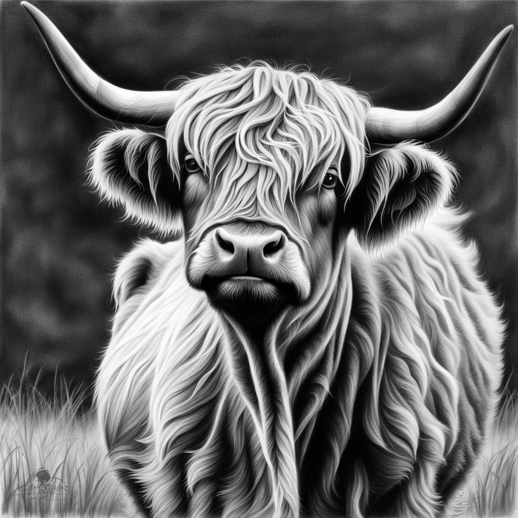 Hyperdetailed Charcoal Drawing of Highland Cow
