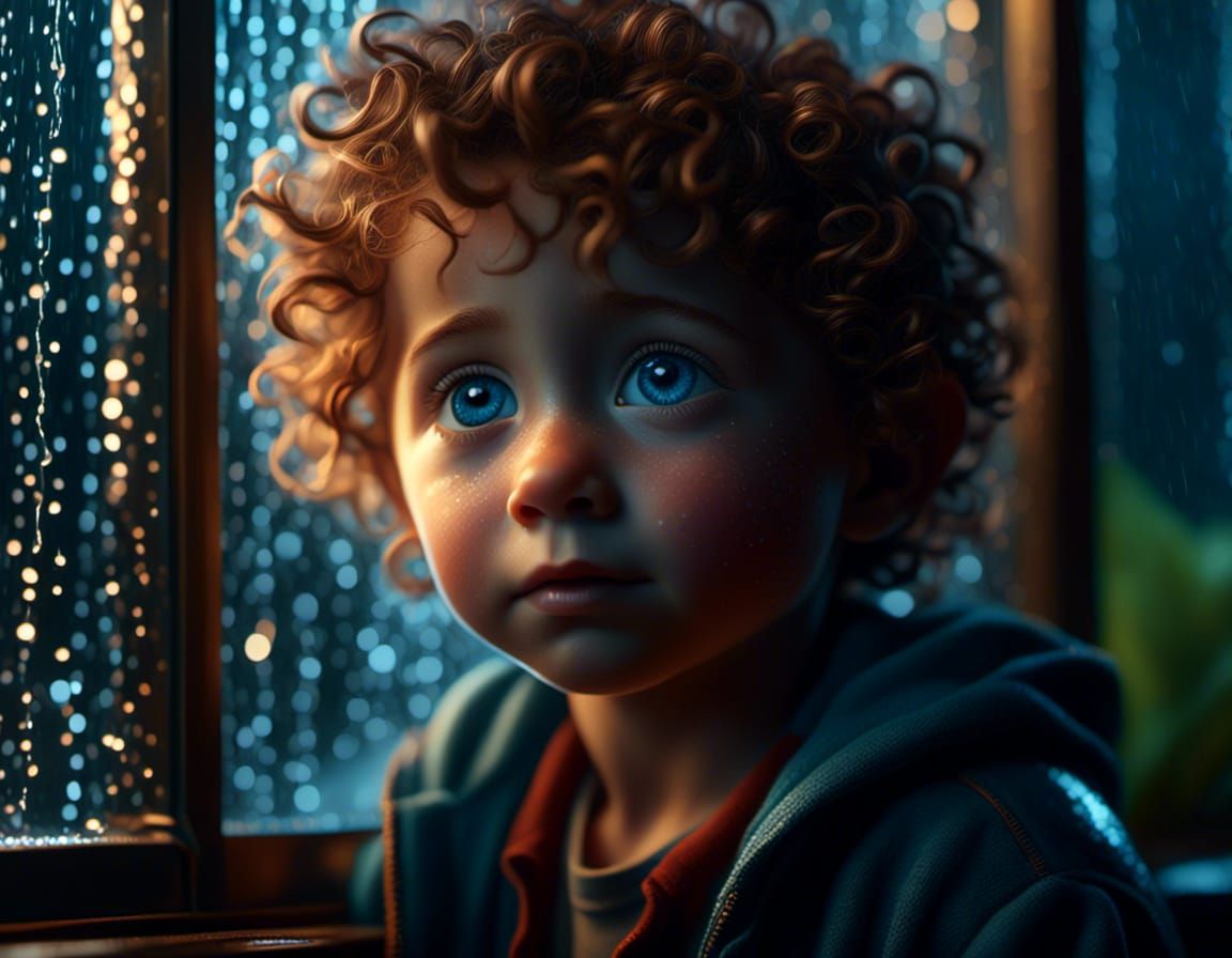 Adorable Boy in Rain: Pixar-Style Digital Art