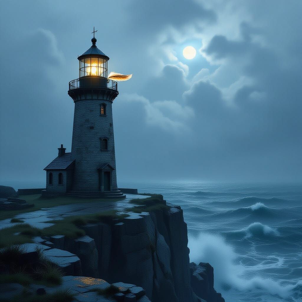 Lighthouse with Birdcage on Stormy Cliff