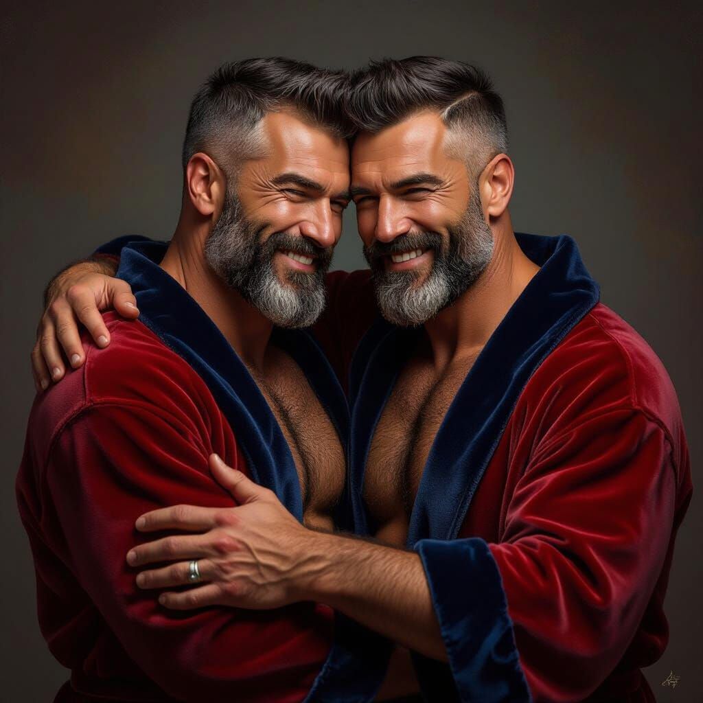 Two Generals Embrace in Rich Velvet Robes