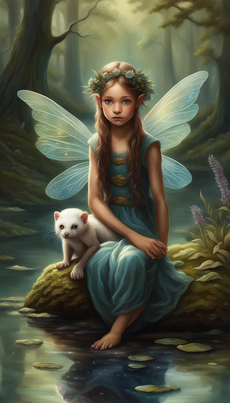 Fairy Riding Ferret in Mystic Woodland