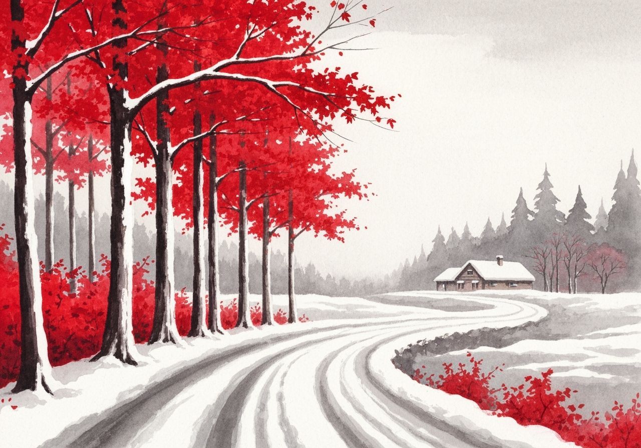 Serene Winter Landscape with Red Foliage and Cabin