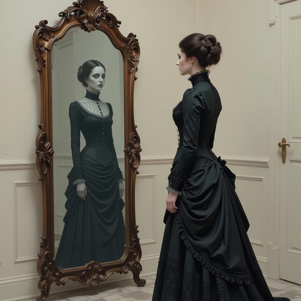 Woman's Reflection Reveals Death in Dark Realism Style