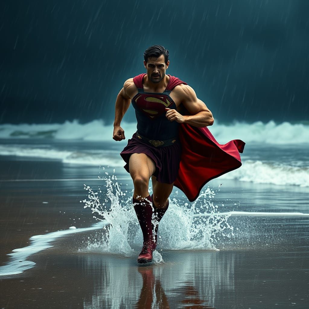 Muscular Hero Dashes on Rainy Beach in Hyperrealistic Style