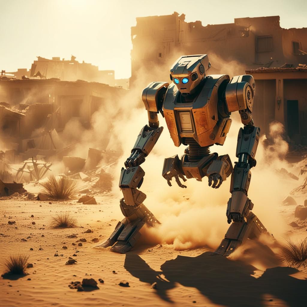 Robot in Desert War Zone: Cinematic Film Still