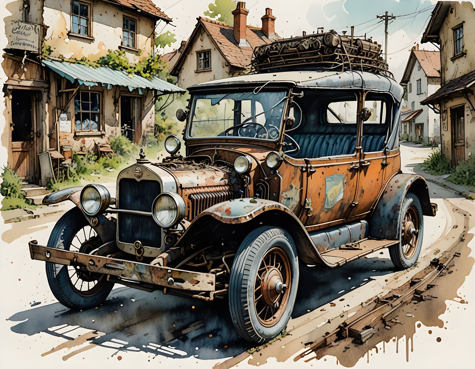 Whimsical Vintage Car Illustration in Watercolor Style