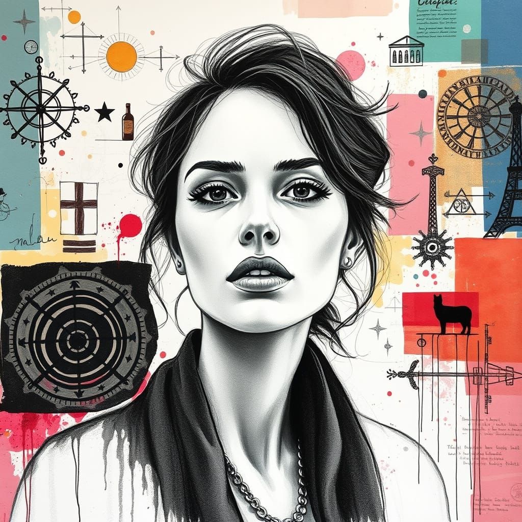 Surreal Portrait of Elegant Woman in Mixed Media