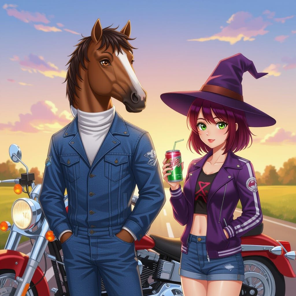 Man With Horse Head and Woman in Candyland Anime Style