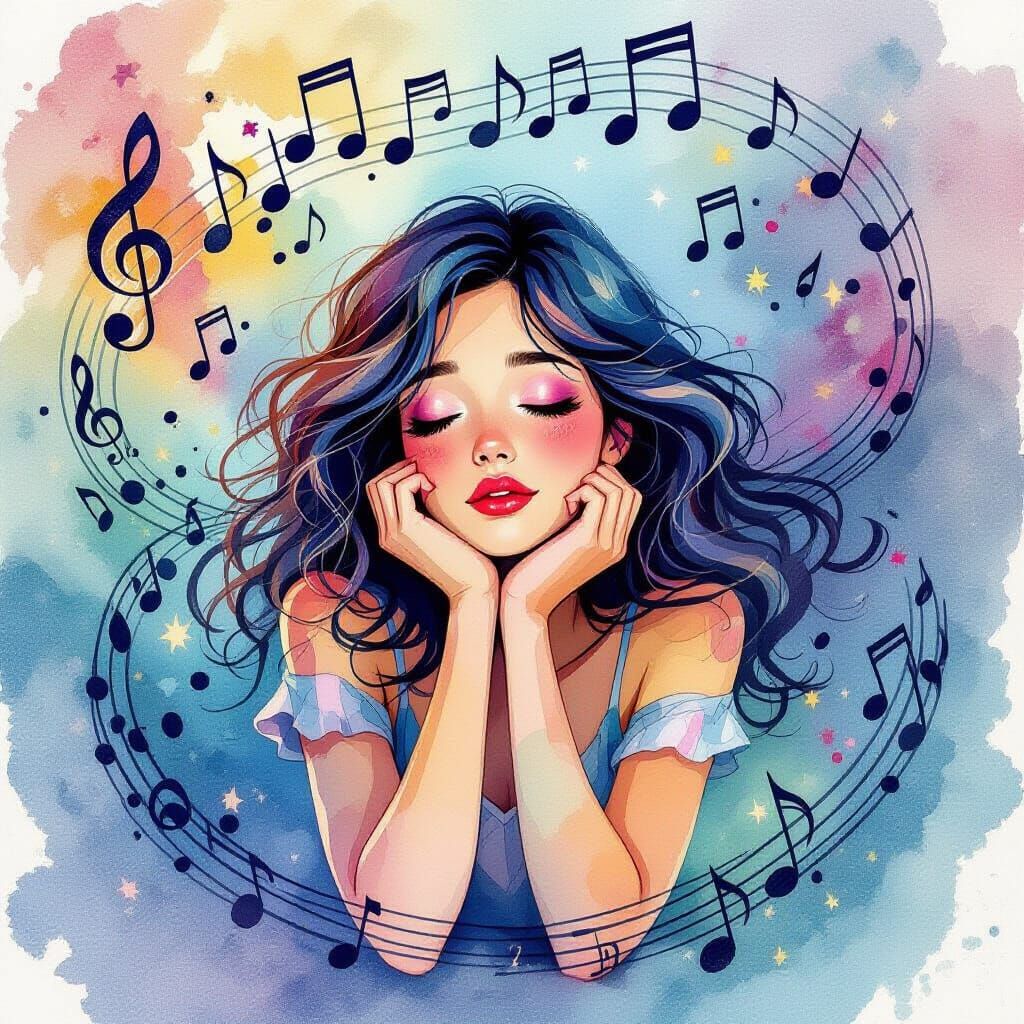 Woman Surrounded by Music in Whimsical Watercolor Style