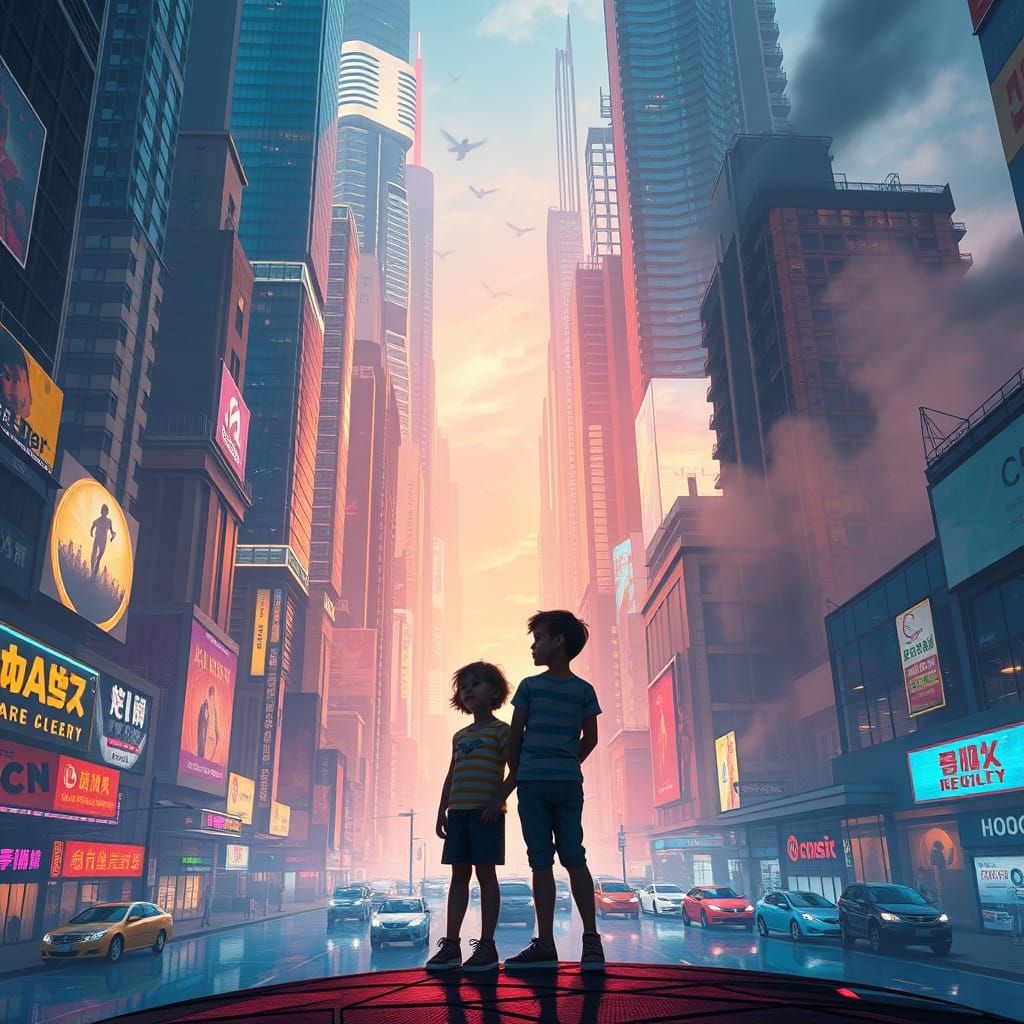 Future Cityscape with Young Adventurers