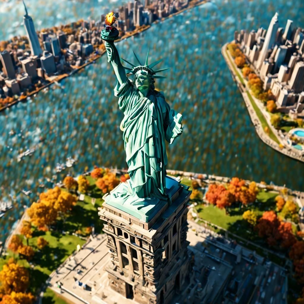 the statue of liberty in mid day sunny skies 8K resolution tilt-shift wide-angle lens depth of field volumetric lig...