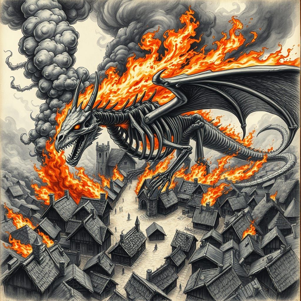 Medieval Village Engulfed in Flames by a Skeletal Dragon