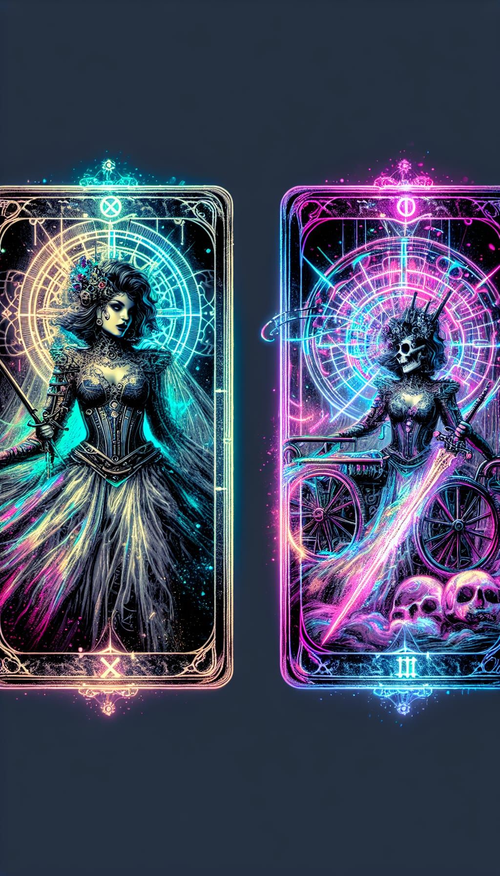 Maiden of Blackened Sword Tarot Card in Cyberpunk Style