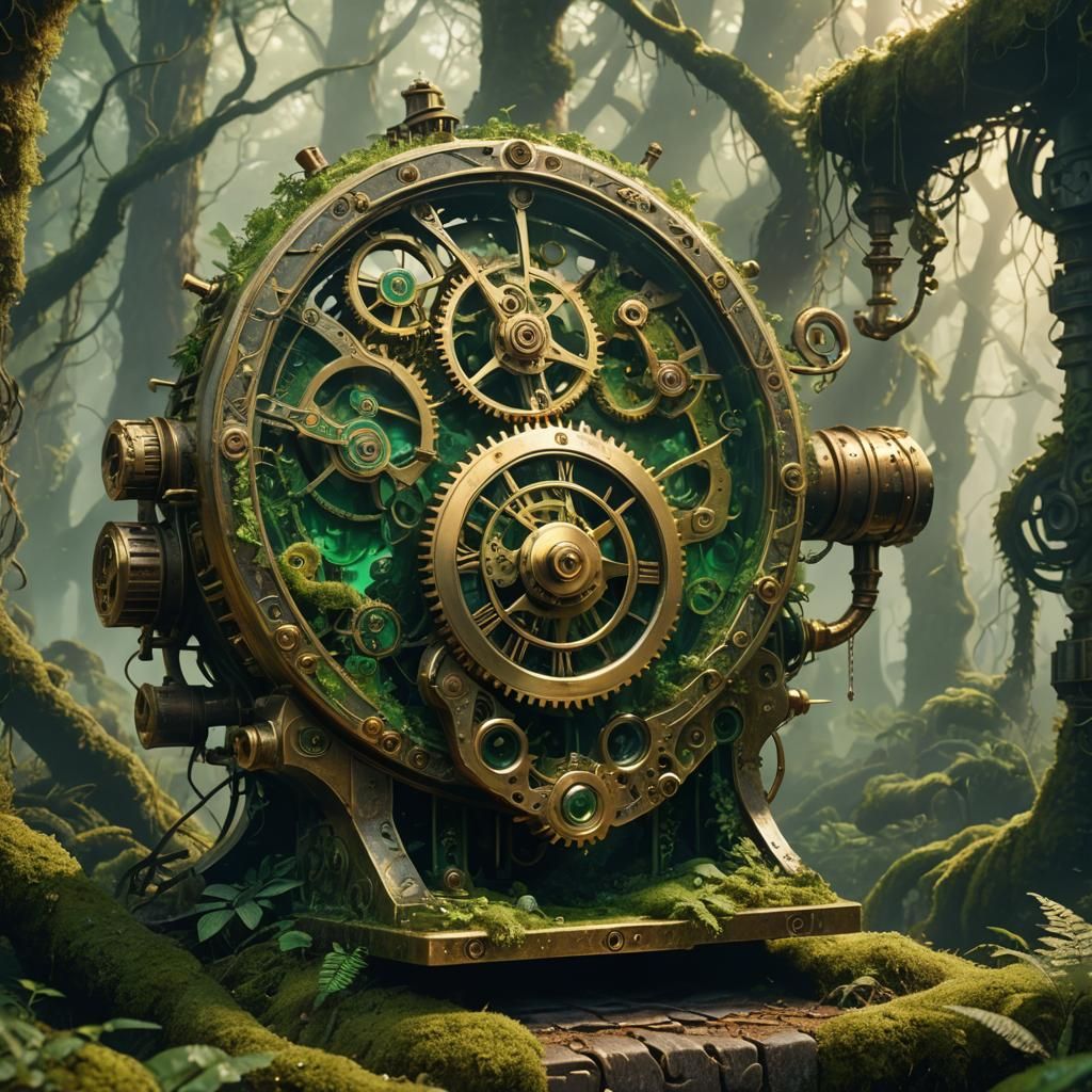 Clockwork Snowcat in Overgrown Forest: Steampunk Concept Art