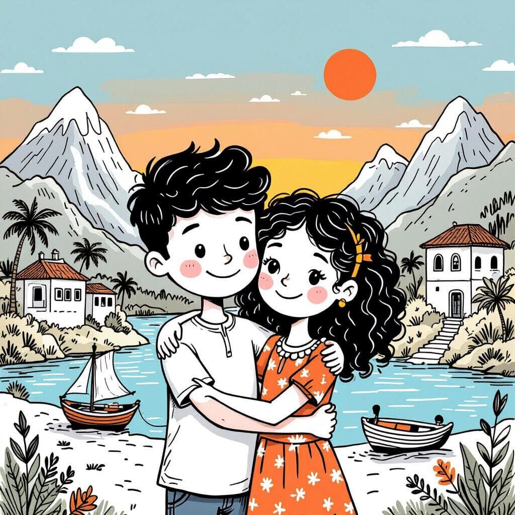 Romantic Landscape: Minimalist Line Art Illustration