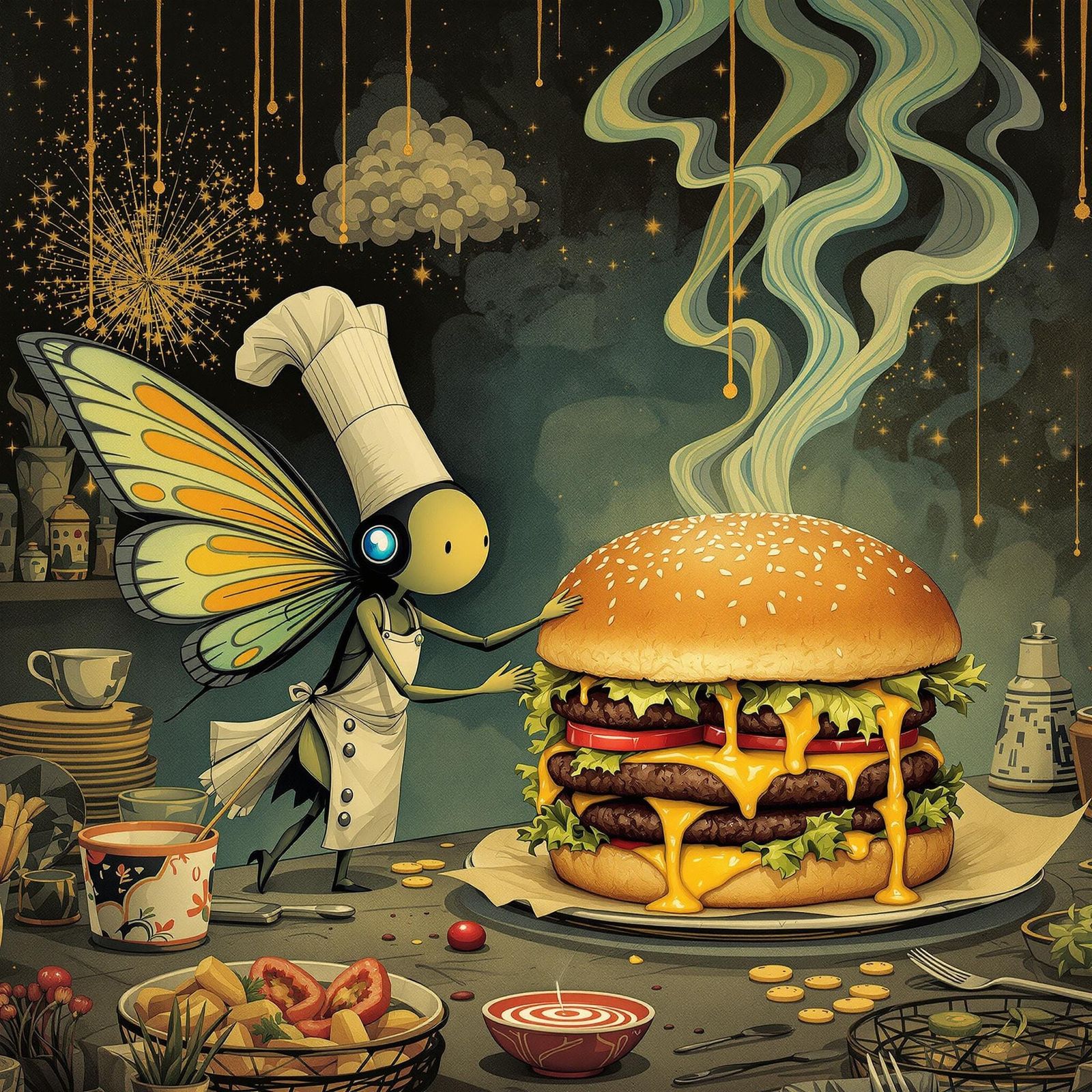 A Diminutive fairy chef Wearing a chef's hat serving up a Large And delicious looking gourmet Cheeseburger art deco Dan ...
