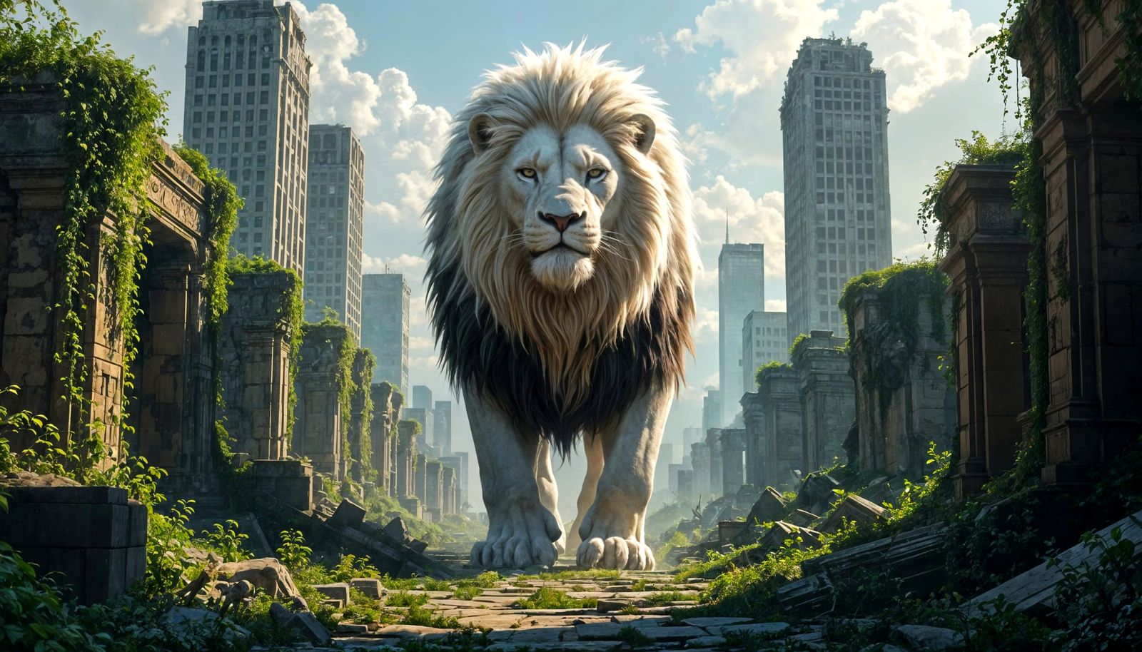 Colossal White Lion Among Ancient Ruins