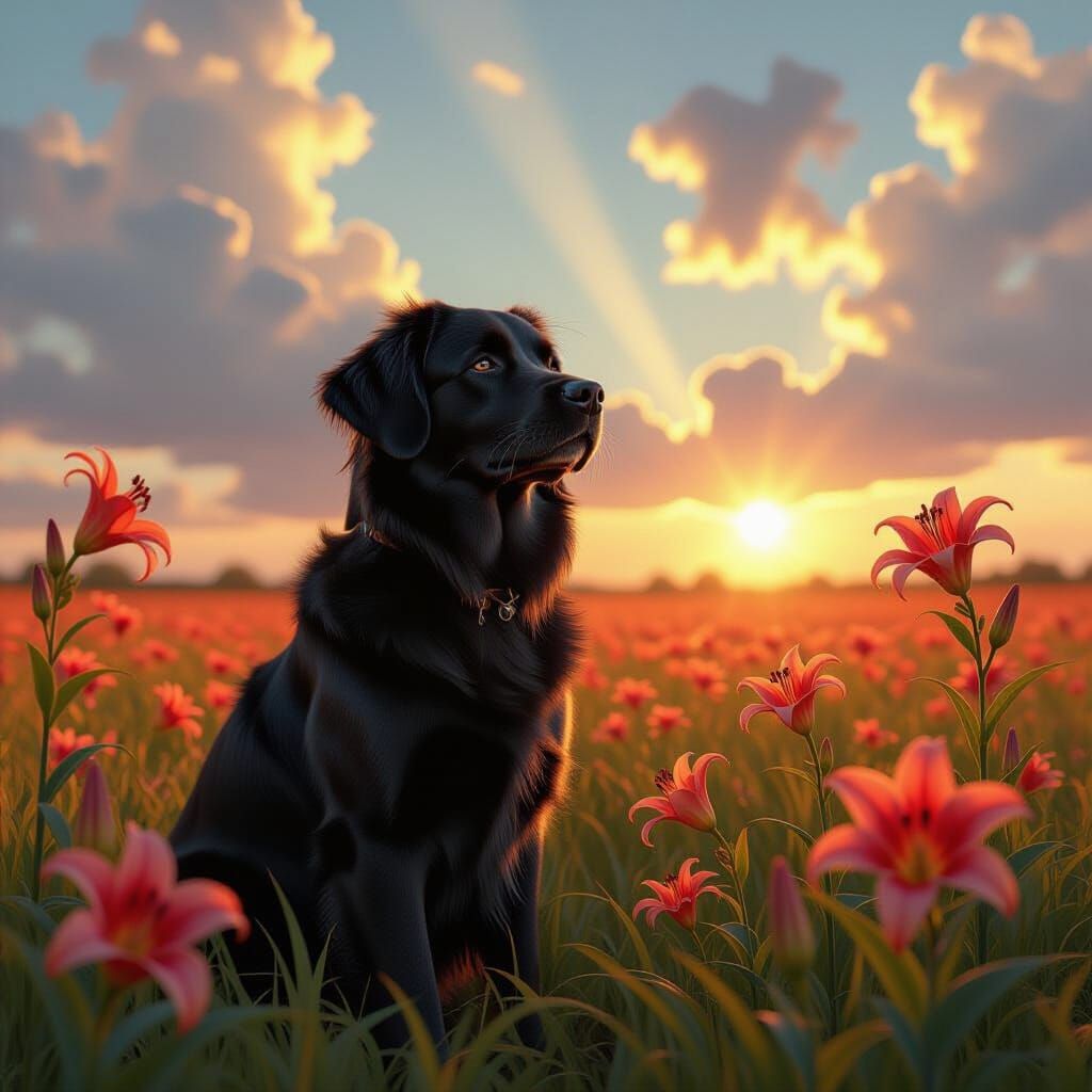 Labrador Retriever and Torch Lily Hybrid in Field