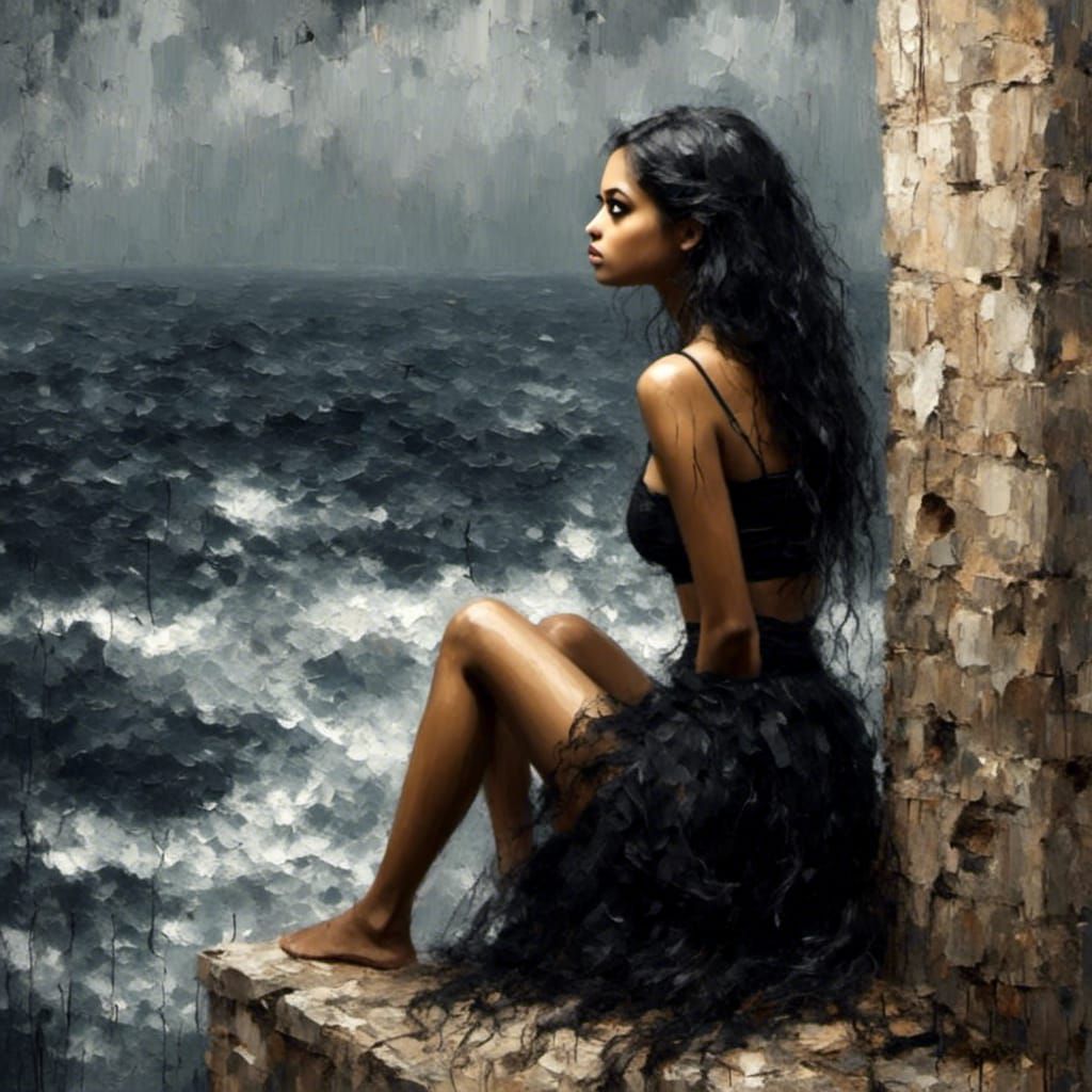 Sad Gothic Girl Gazing Over Santorini Sea