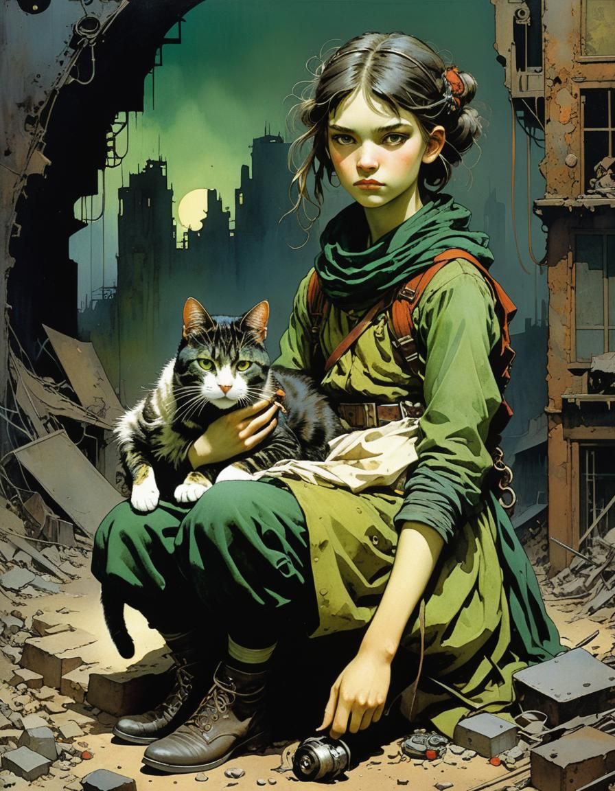 Post-Apocalyptic Girl with Cat: Gritty Triadic Portrait
