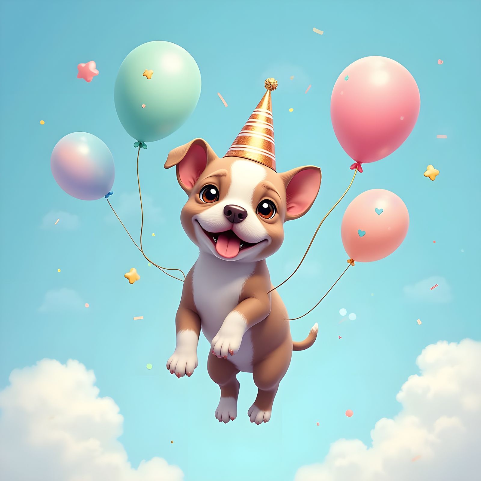 Joyful Pitbull Puppy Soars with Balloons in Pastel Paradise