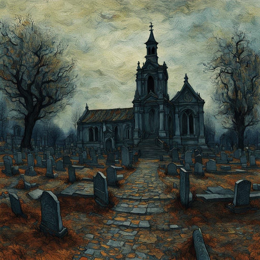 Whimsical Cemetery Scene in Dark Academia Style
