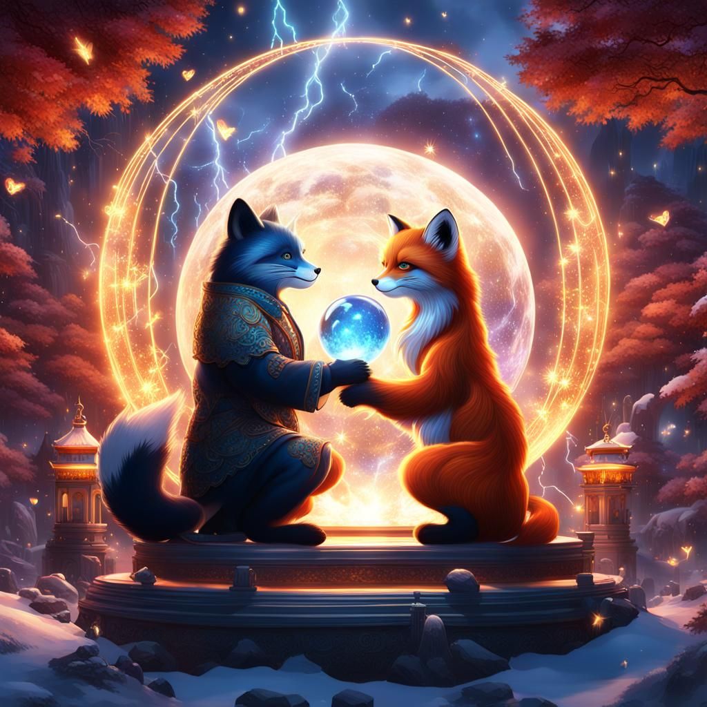 Fox and Cat Men in Love, Detailed Digital Art