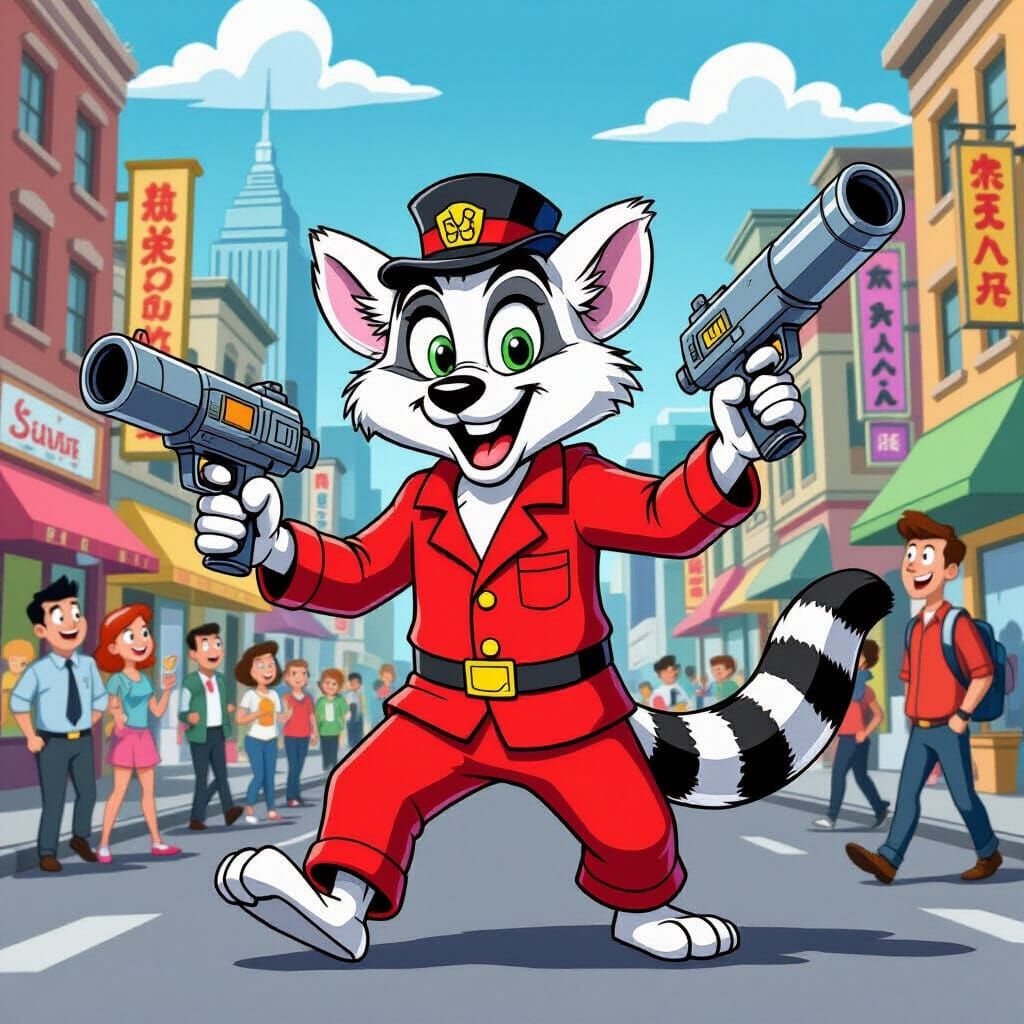 Cartoon Lemur as Inspector Gadget Disrupts City