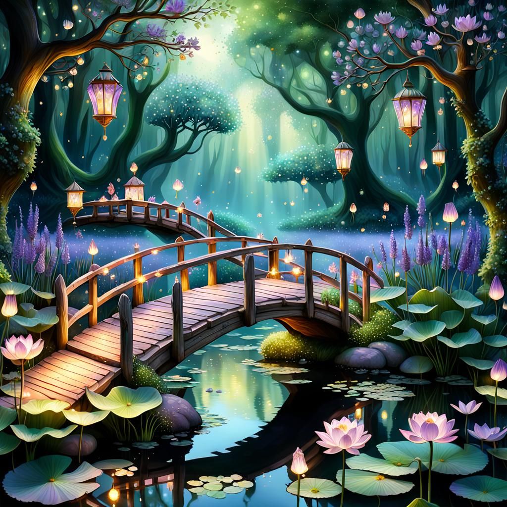 Enchanted Woodland with Fairies and Lotus Blooms