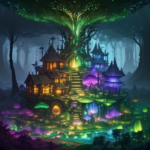Shimmering Magical Forest Village in Sunlight