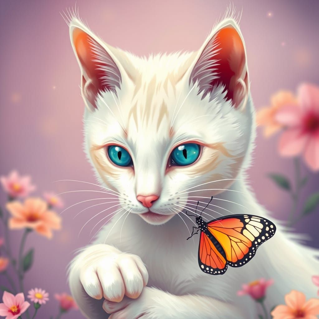 Vibrant White and Lilac Cat with Sparkling Blue Eyes, Playin...