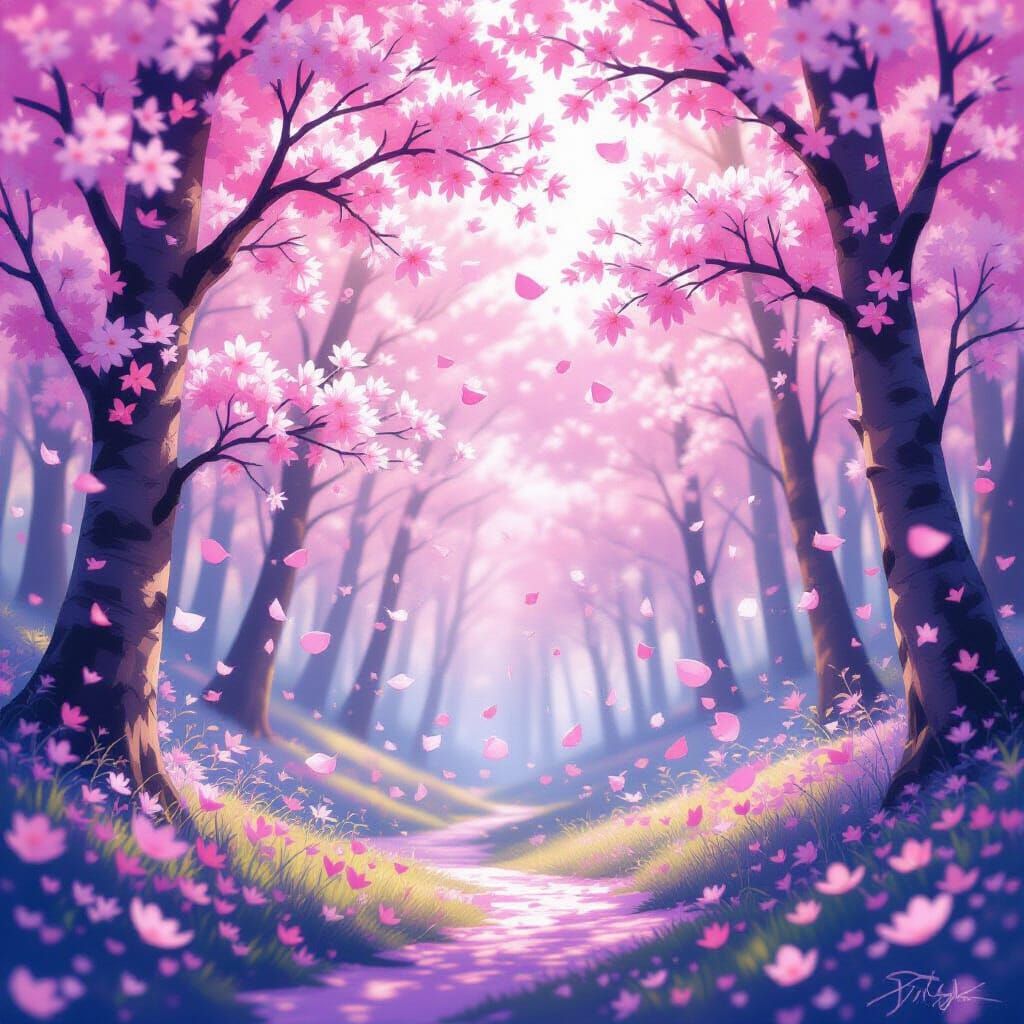 Whimsical Cherry Blossom Forest in Painterly Style
