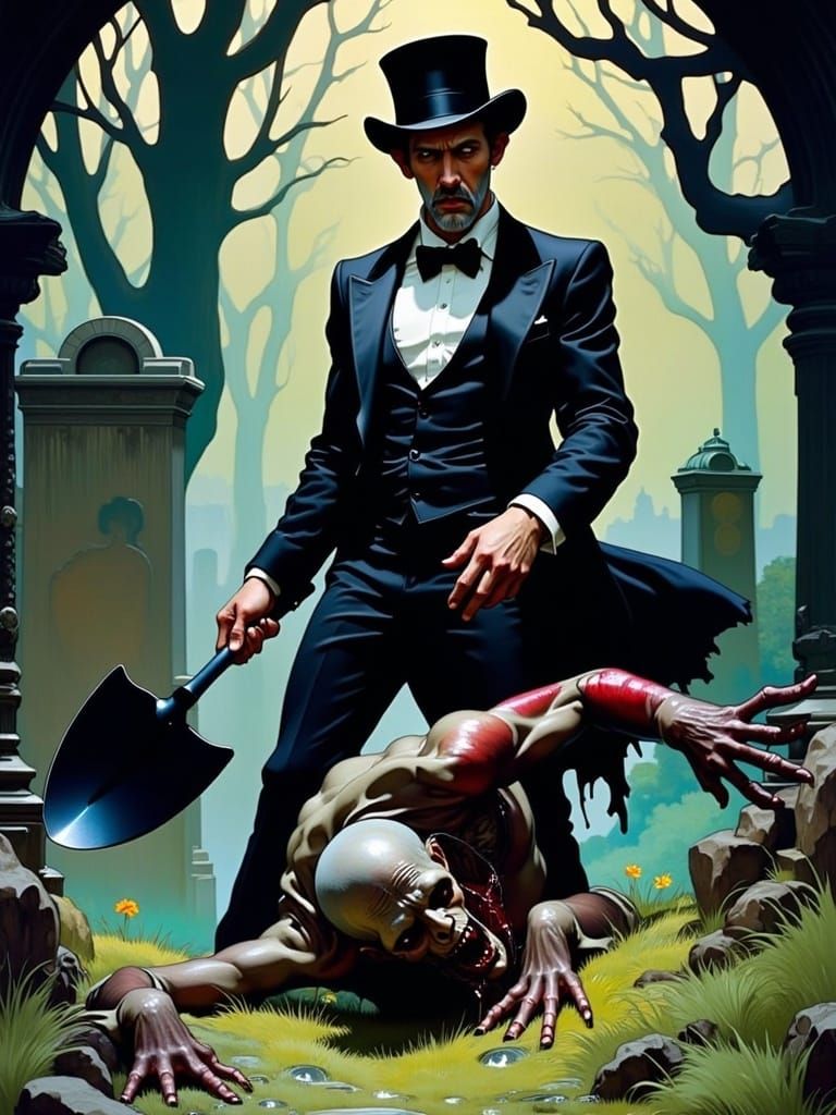 Eerie Undertaker Confronts Zombie in Art Nouveau Horror Scen...