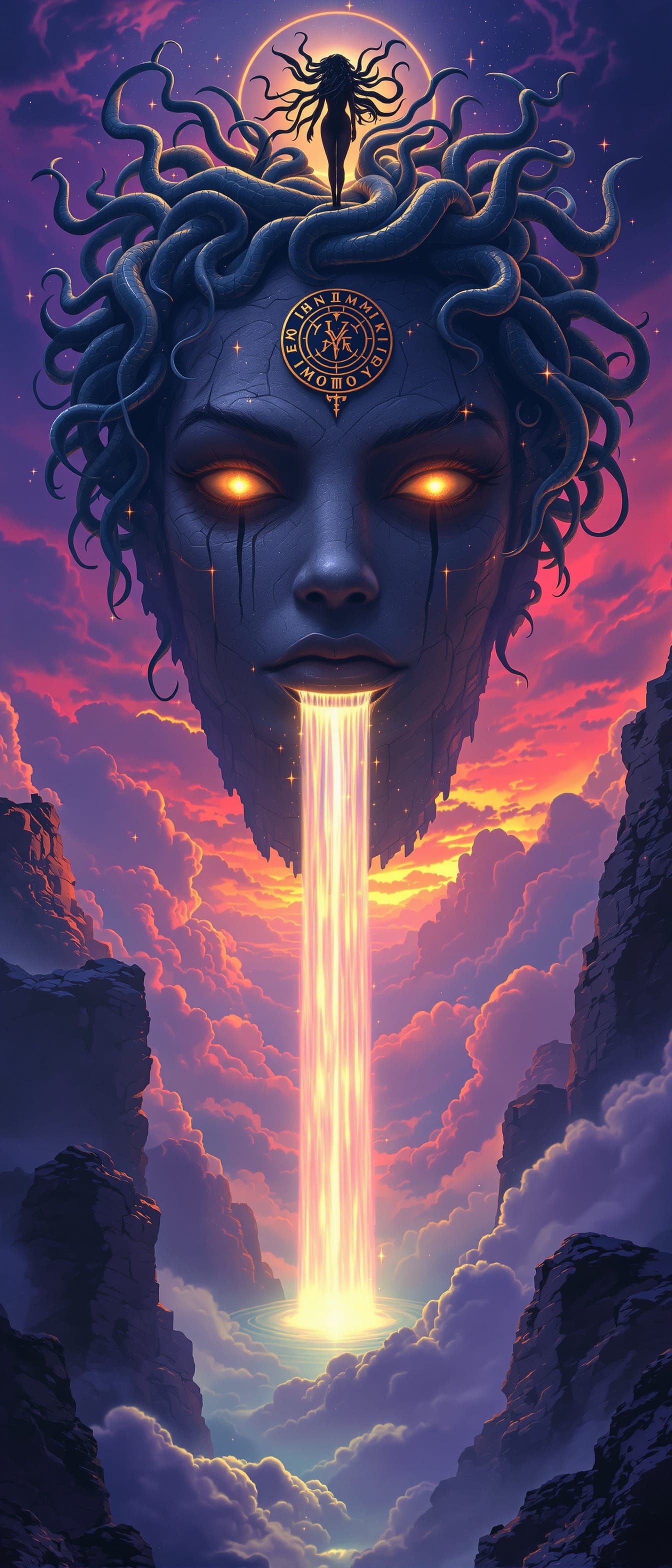 Medusa on Floating Island with Waterfalls