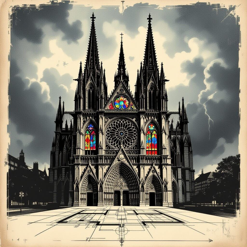 Gothic Cathedral Blueprint Drawing with Gargoyles