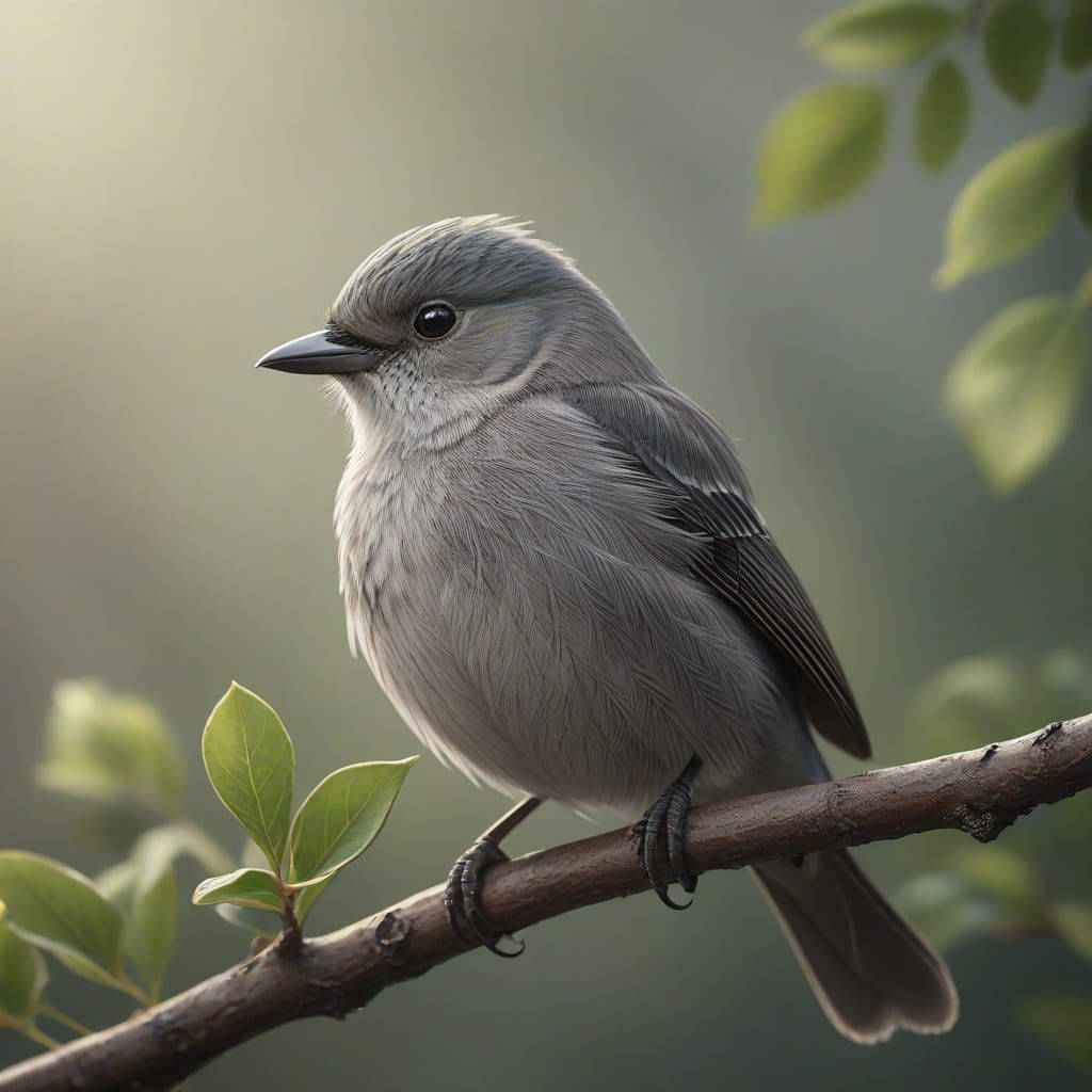 Elegant Graphite Portrait of a Small Bird in Bloom
