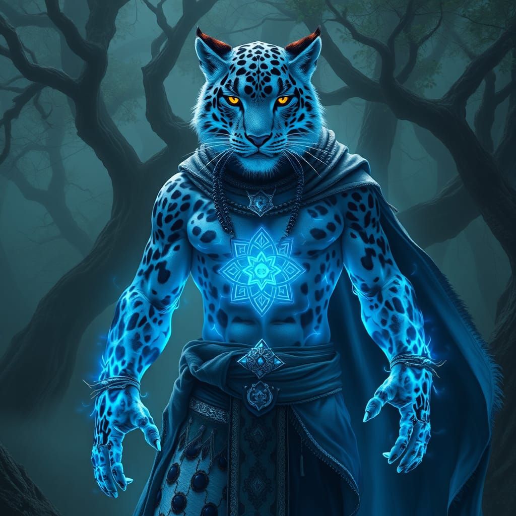 Snow Leopard Warrior in Mystical Forest