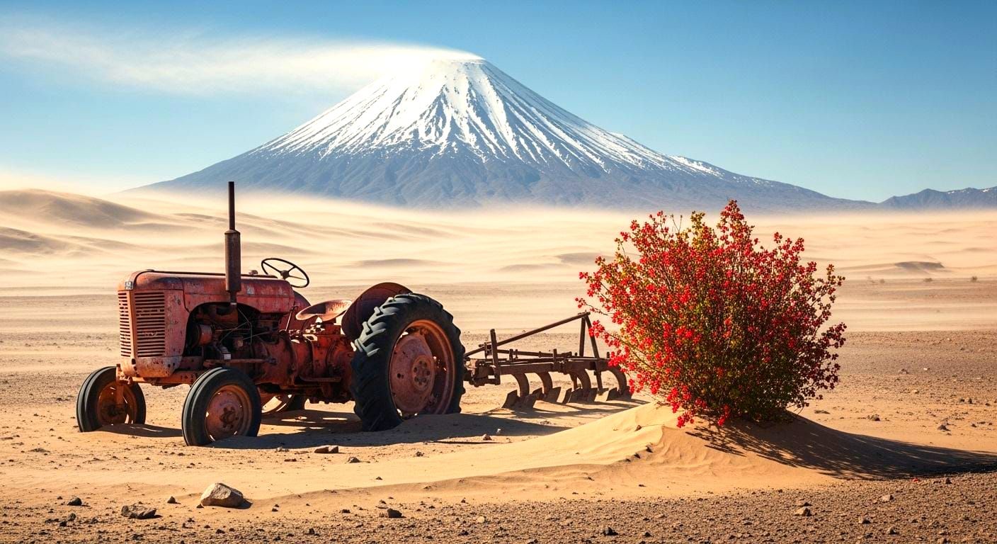 Abandoned Red Tractor in Desert Landscape