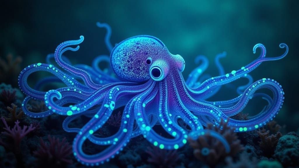 Bioluminescent Octopus Gliding Through Turquoise Water