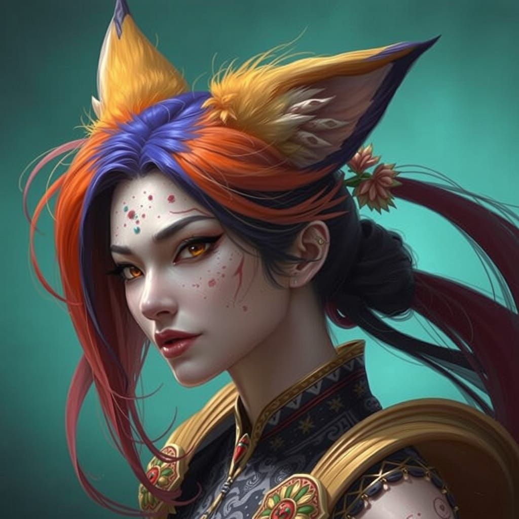 Sensual Kitsune Goddess in Vibrant Hyperrealism