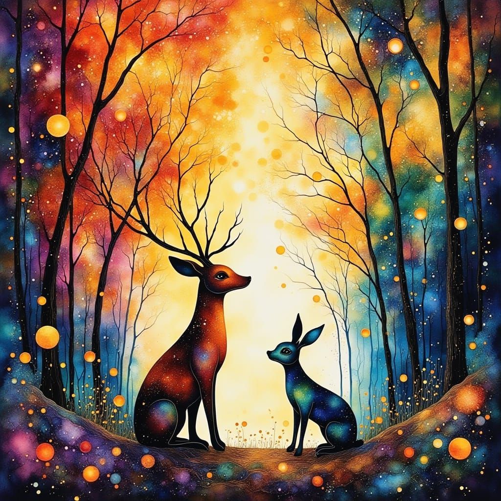 Surreal Woodland Scene with Glitchy Watercolor Animals and R...