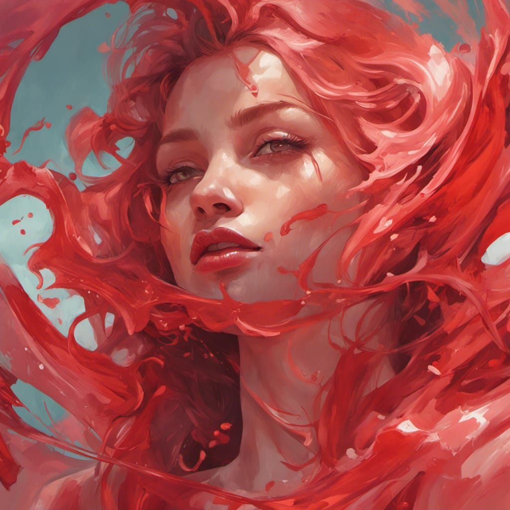 Woman Bites Peach: Hyperdetailed Portrait in Red