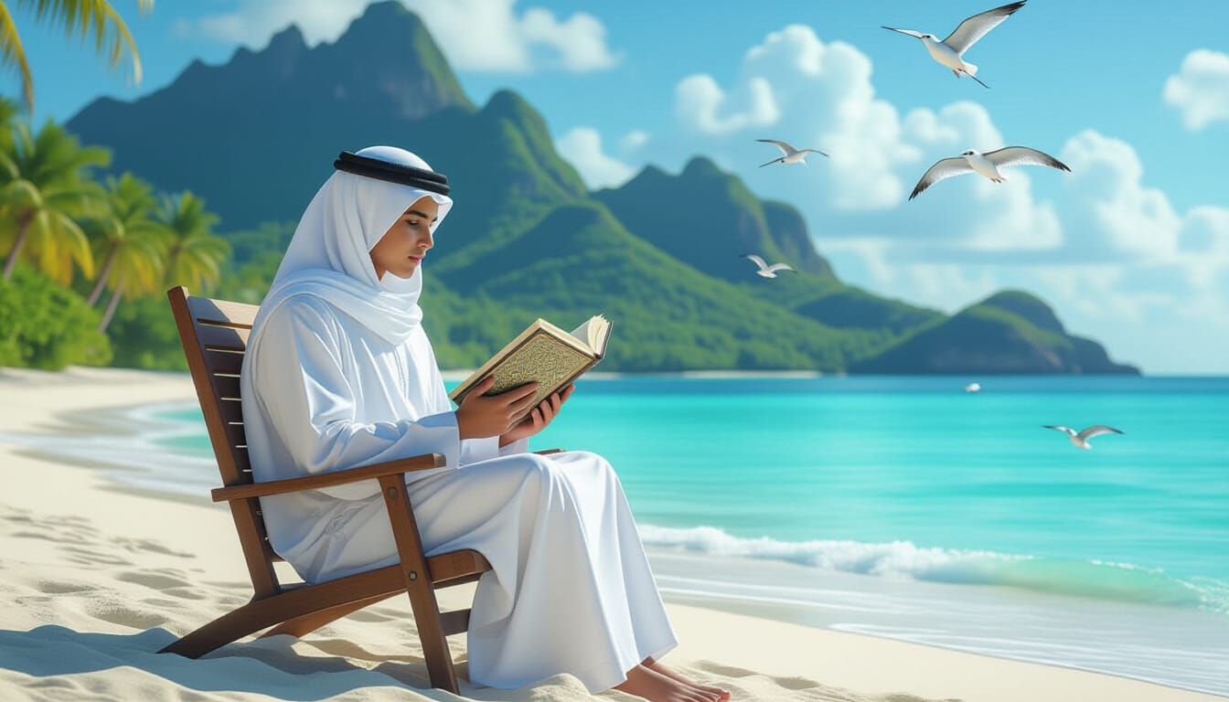 Boy Reading Quran on Beach, Realistic Lighting