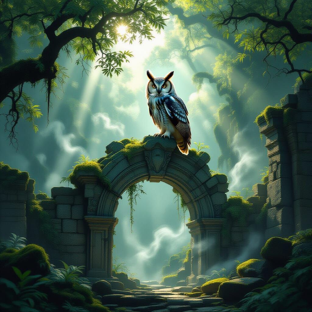 Majestic Owl on Ancient Ruins in Ethereal Forest Light