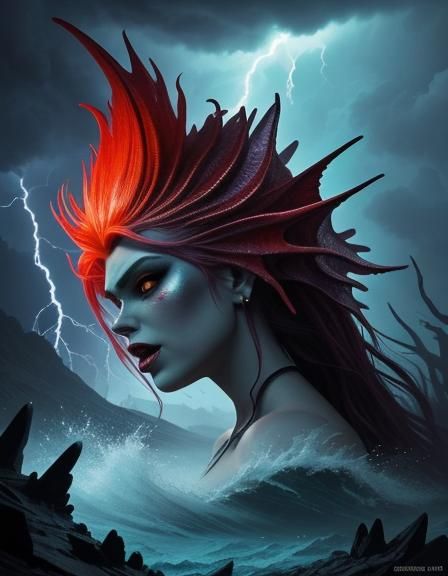 Aggressive Cute Mermaid in Dark Fantasy Style