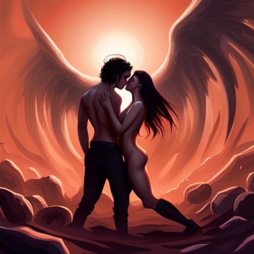 Angel Kissing Demon in Hell: Photorealistic Image
