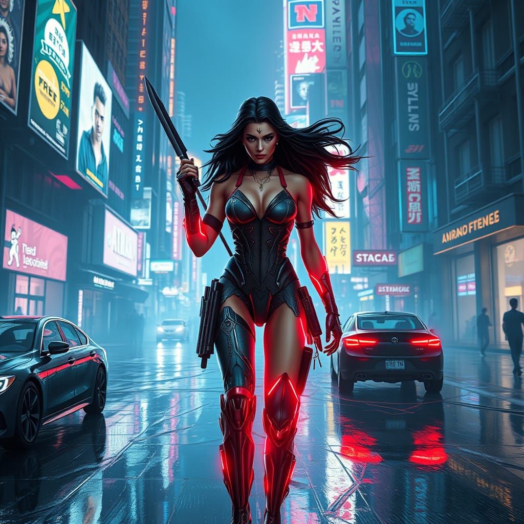 Cybernetic Amazon Warrior in Neon Dystopian City